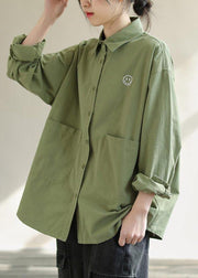 Diy Green Smiling Face Tunic Lapel Pockets Baggy Spring Shirts - bagstylebliss