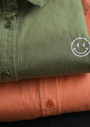 Diy Green Smiling Face Tunic Lapel Pockets Baggy Spring Shirts - bagstylebliss