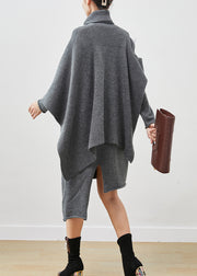 Diy Grey High Neck Asymmetrical Knit Dress Two Piece Suit Set Spring