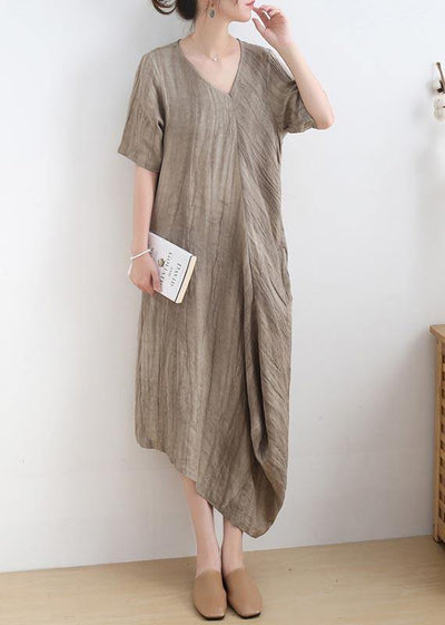 Diy Khaki asymmetrical design V Neck Long Summer Linen Dress - bagstylebliss