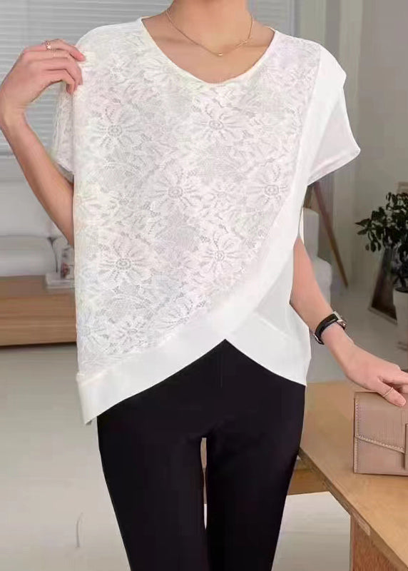 Diy Navy Asymmetrical Lace Patchwork Chiffon Shirt Tops Summer