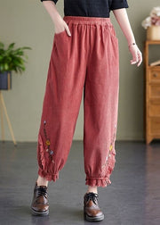 Diy Pink Elastic Waist Embroidered Warm Fleece Corduroy Harem Pants Spring