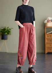 Diy Pink Elastic Waist Embroidered Warm Fleece Corduroy Harem Pants Spring