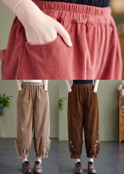 Diy Pink Elastic Waist Embroidered Warm Fleece Corduroy Harem Pants Spring