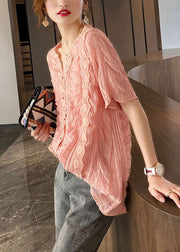 Diy Pink V Neck Lace Patchwork Chiffon Blouses Summer