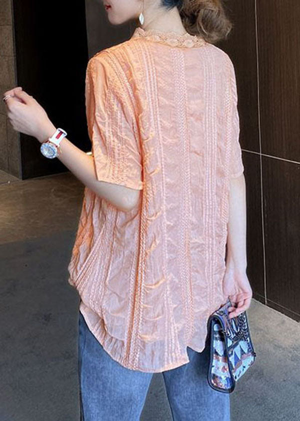 Diy Pink V Neck Lace Patchwork Chiffon Blouses Summer