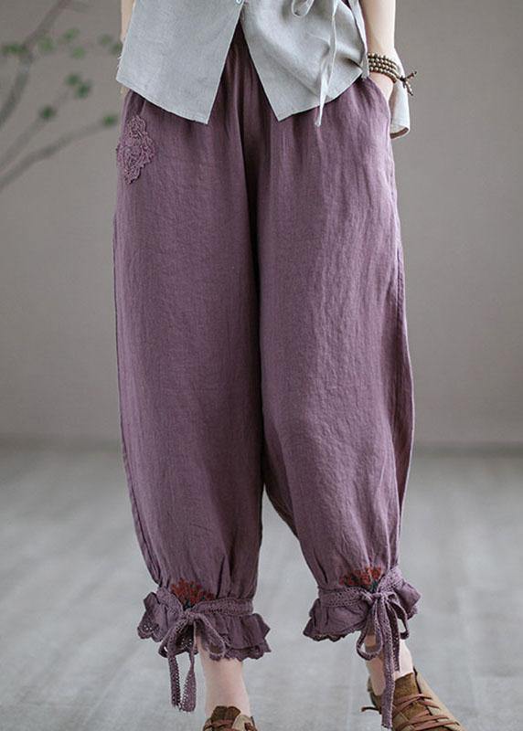 Diy Purple Casual Embroideried Summer Harem Linen Pants - bagstylebliss