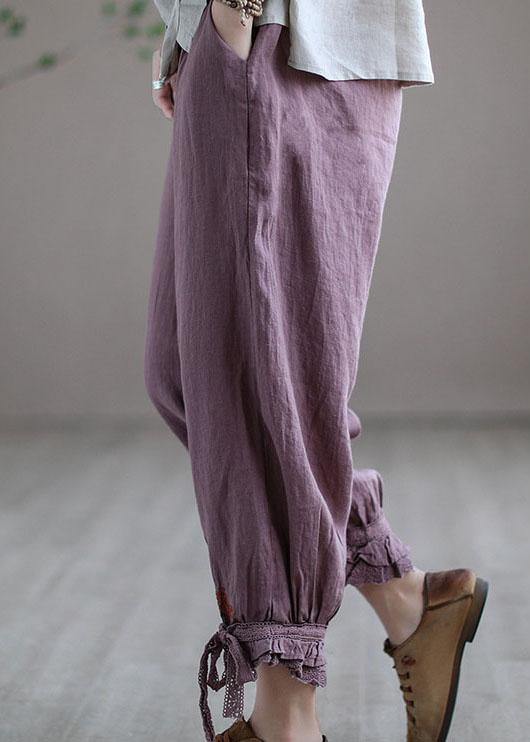 Diy Purple Casual Embroideried Summer Harem Linen Pants - bagstylebliss