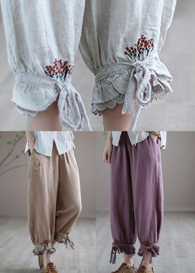 Diy Purple Casual Embroideried Summer Harem Linen Pants - bagstylebliss