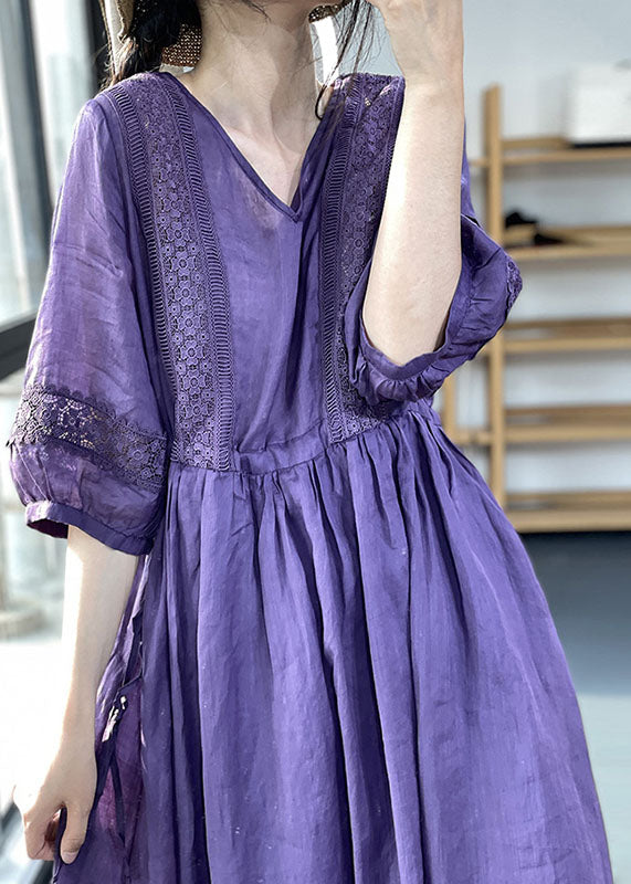 Diy Purple V Neck Cinched Lace Patchwork Exra Large Hem Cotton Dresses Lantern Sleeve