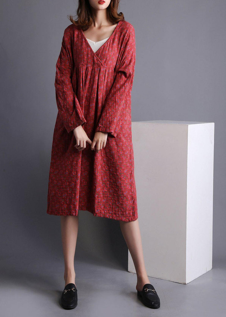 Diy Red V Neck Dress Print Spring Maxi Dresses - bagstylebliss