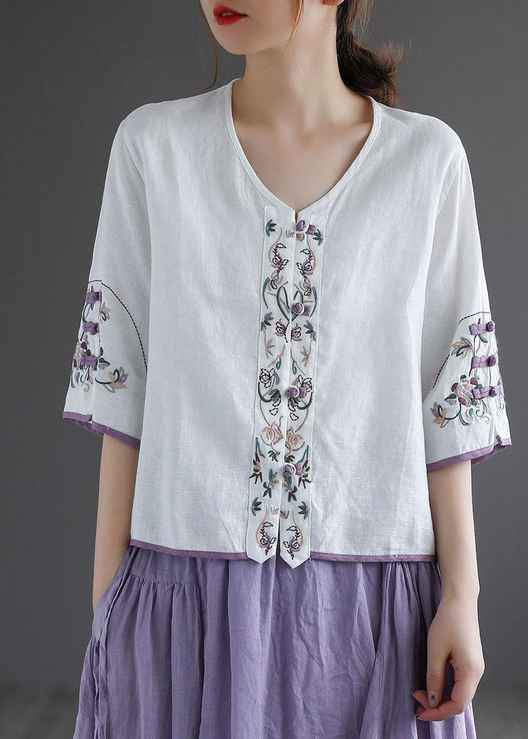 Diy White Button Embroideried Summer Linen Half Sleeve Shirt Top - bagstylebliss