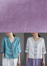 Diy White Button Embroideried Summer Linen Half Sleeve Shirt Top - bagstylebliss