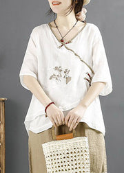 Diy White V Neck Embroideried Linen Tops Half Sleeve