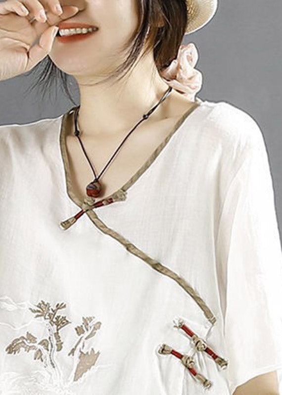 Diy White V Neck Embroideried Linen Tops Half Sleeve