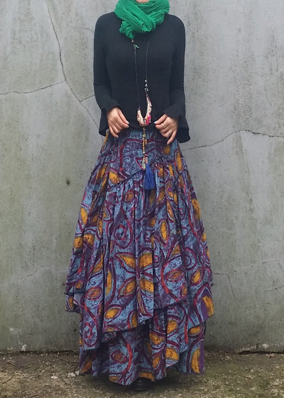 Diy Wrinkled Asymmetrical Print Patchwork Cotton Skirt Spring