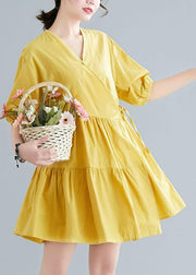 Diy Yellow Button asymmetrical design Summer Cotton Dress - bagstylebliss