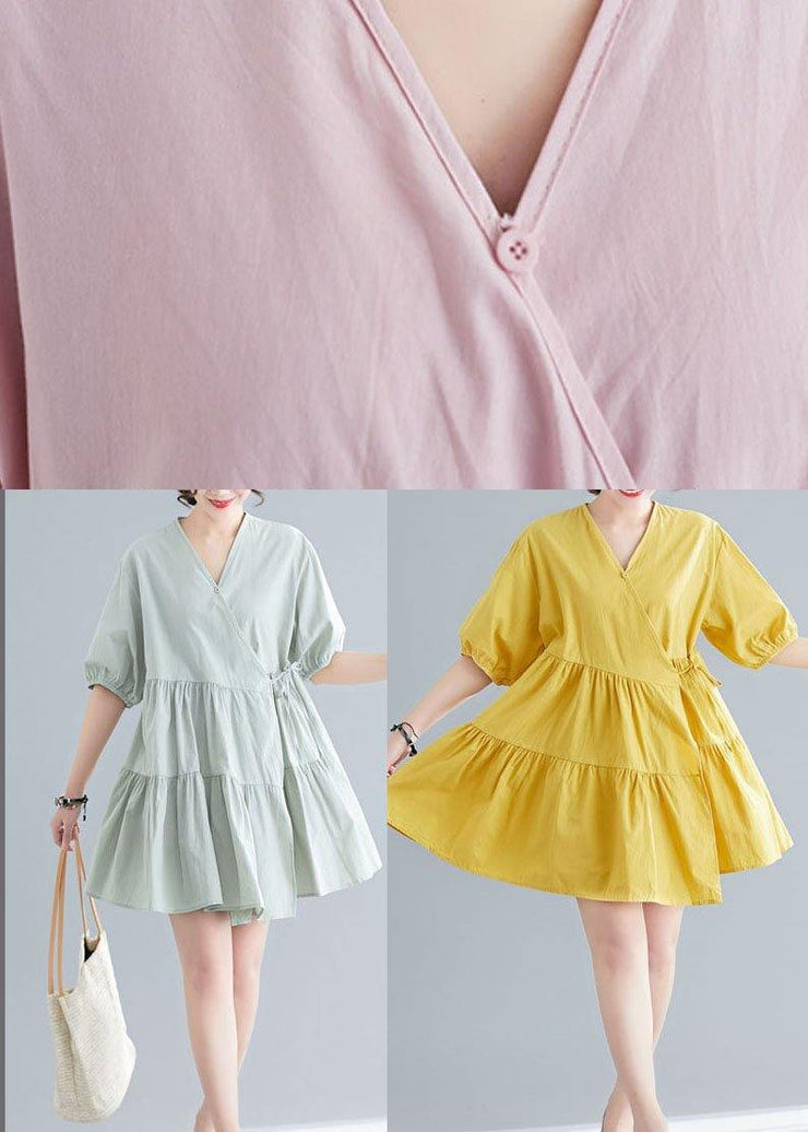 Diy Yellow Button asymmetrical design Summer Cotton Dress - bagstylebliss