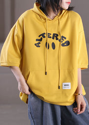 Diy Yellow Drawstring Hooded Letter Print Cotton Loose Sweatshirt Top Long Sleeve