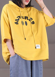 Diy Yellow Drawstring Hooded Letter Print Cotton Loose Sweatshirt Top Long Sleeve