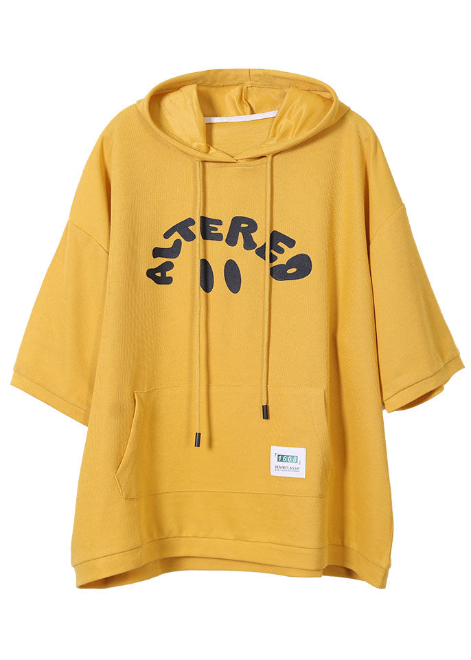 Diy Yellow Drawstring Hooded Letter Print Cotton Loose Sweatshirt Top Long Sleeve