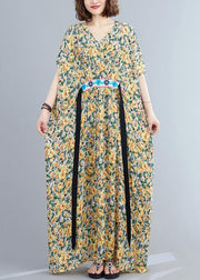 Diy Yellow Print Loose Long Summer Cotton Dress - bagstylebliss