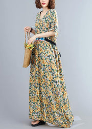 Diy Yellow Print Loose Long Summer Cotton Dress - bagstylebliss