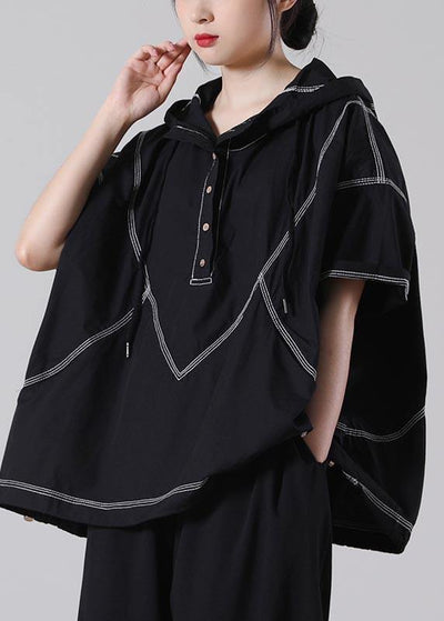 Drawstring Elegant Black drawstring Cotton Blouses Summer - bagstylebliss