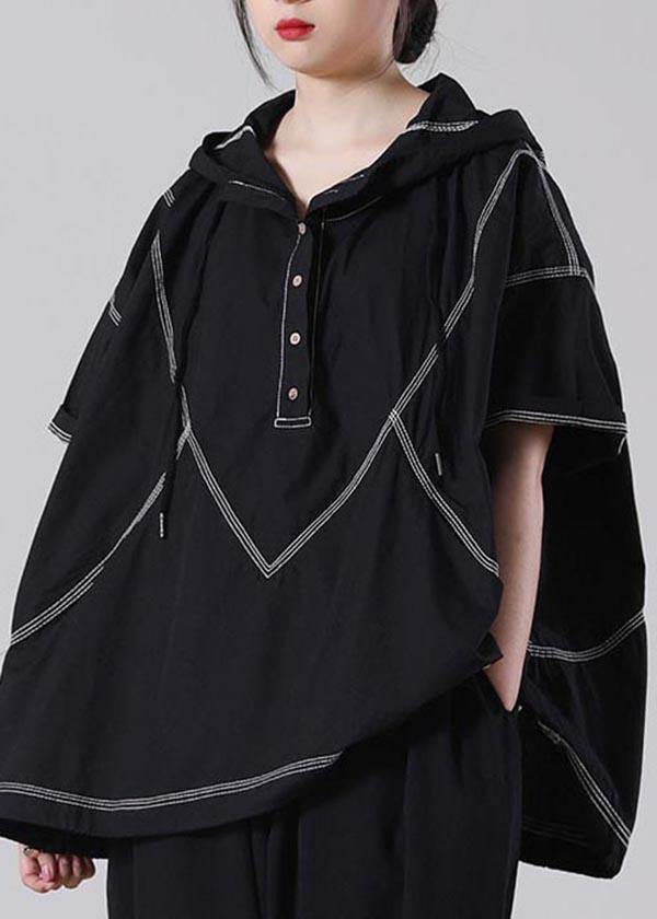 Drawstring Elegant Black drawstring Cotton Blouses Summer - bagstylebliss