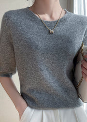 Elegant Apricot O Neck Cashmere Sweater Tops Half Sleeve