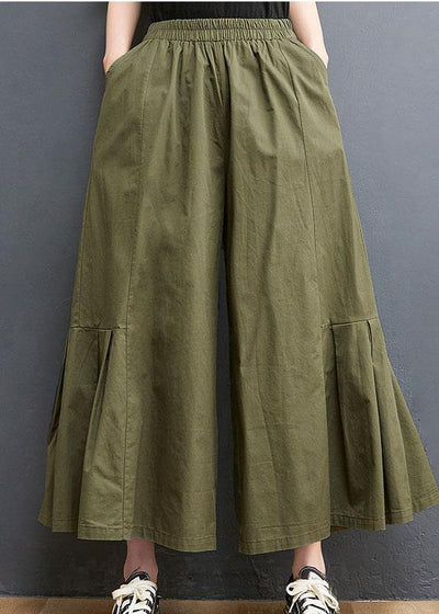 Elegant Army Green Elastic Waist Wide Leg Pants Trousers Summer Cotton - bagstylebliss