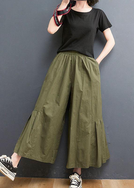 Elegant Army Green Elastic Waist Wide Leg Pants Trousers Summer Cotton - bagstylebliss
