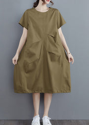 Elegant Army Green Solid Ruffles O-Neck Cotton Dress Short Sleeve