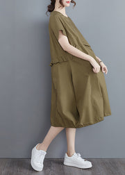 Elegant Army Green Solid Ruffles O-Neck Cotton Dress Short Sleeve