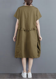 Elegant Army Green Solid Ruffles O-Neck Cotton Dress Short Sleeve