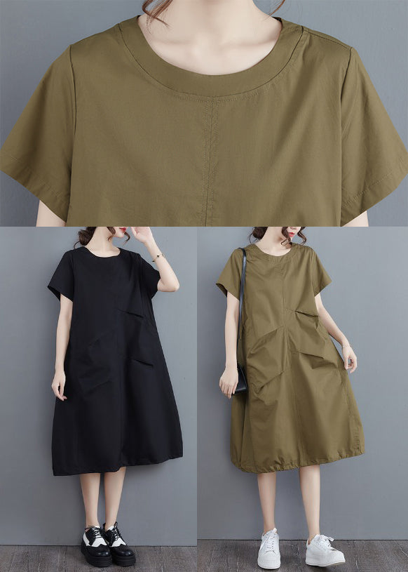 Elegant Army Green Solid Ruffles O-Neck Cotton Dress Short Sleeve