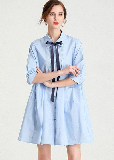 Elegant Baby blue PeterPan Collar Button Summer Cotton Dress - bagstylebliss