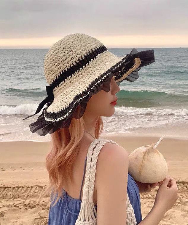 Elegant Beige Bow Patchwork Lace Straw Woven Floppy Sun Hat