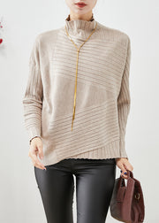 Elegant Beige High Neck Asymmetrical Knit Sweater Fall