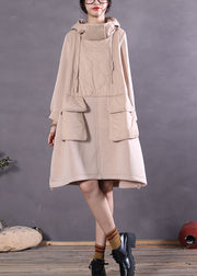 Elegant Beige Hooded Patchwork Fine Cotton Filled dress Winter