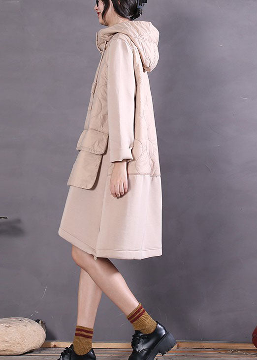 Elegant Beige Hooded Patchwork Fine Cotton Filled dress Winter