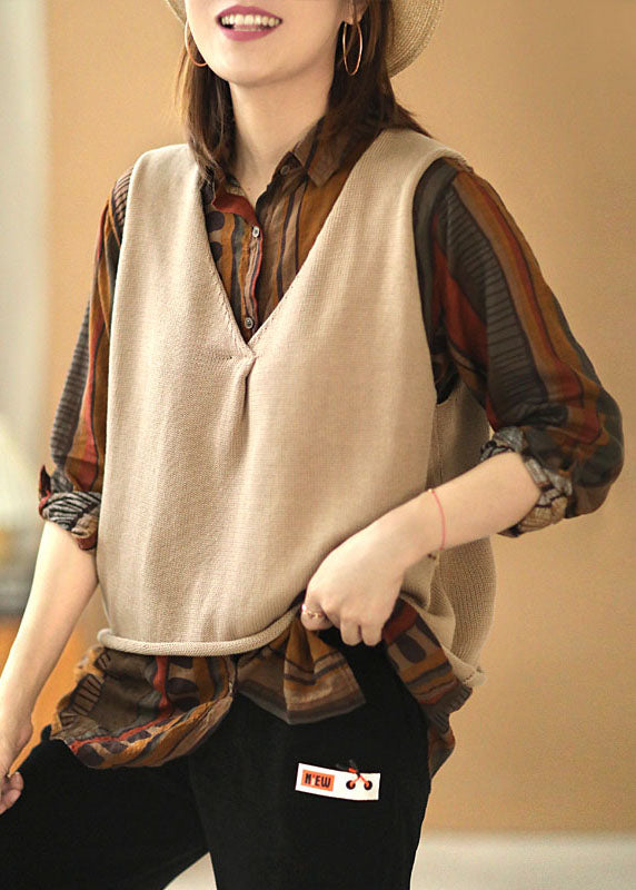 Elegant Beige Loose V Neck Fall Sleeveless Waistcoat