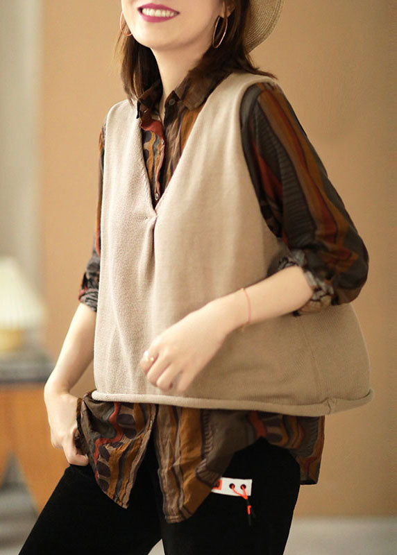 Elegant Beige Loose V Neck Fall Sleeveless Waistcoat