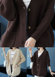 Elegant Beige V Neck Pockets Patchwork Cashmere Loose Coat Fall