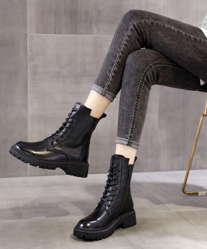 Elegant Black Boots Warm Fleece Lace Up Chunky Boots