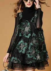 Elegant Black Bottomed shirt + Embroideried Print dress Fall Two Pieces Set