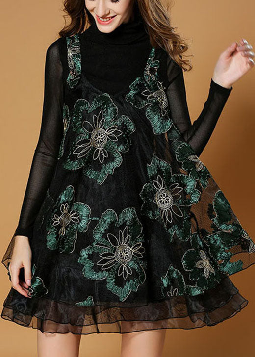 Elegant Black Bottomed shirt + Embroideried Print dress Fall Two Pieces Set