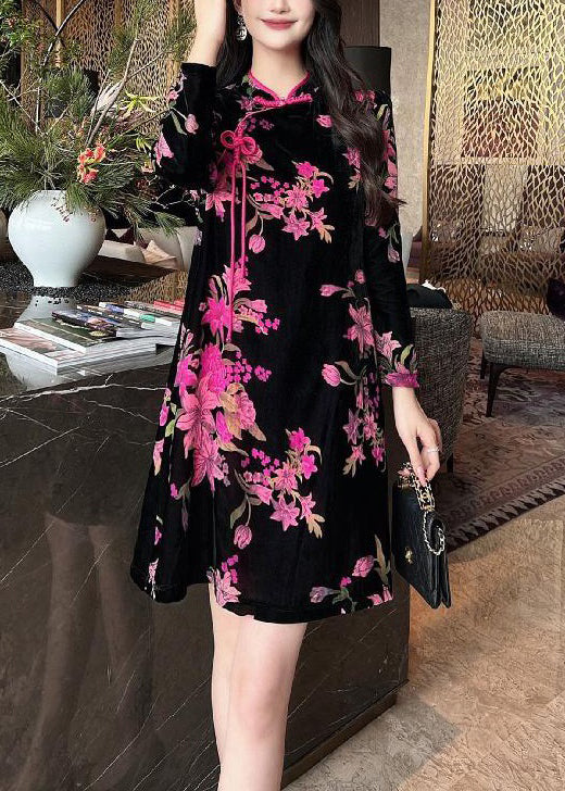 Elegant Black Chinese Button Print Silk Velour Mid Dress Long Sleeve