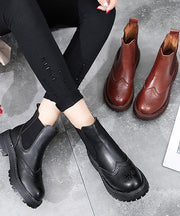 Elegant Black Chunky Cowhide Leather Elegant Hollow Out Boots