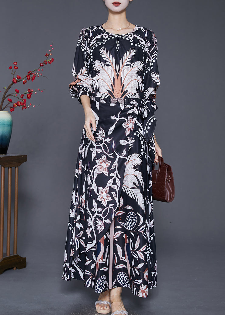 Elegant Black Cinched Print Silk Beach Long Dresses Fall